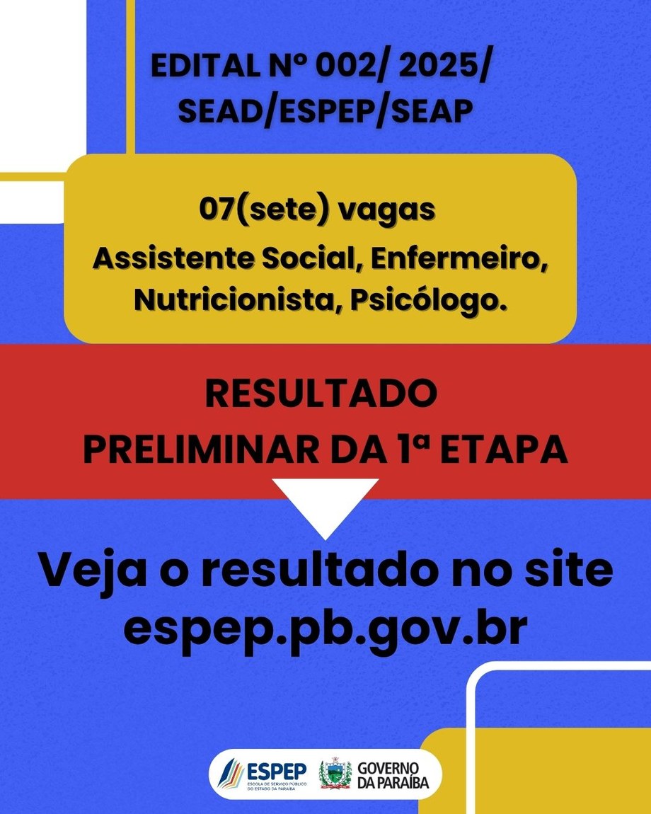 EDITAL Nº 002/2025/SEAD/ESPEP/SEAP - Vagas para Assistente Social, Enfermeiro, Nutricionista e Psicólogo