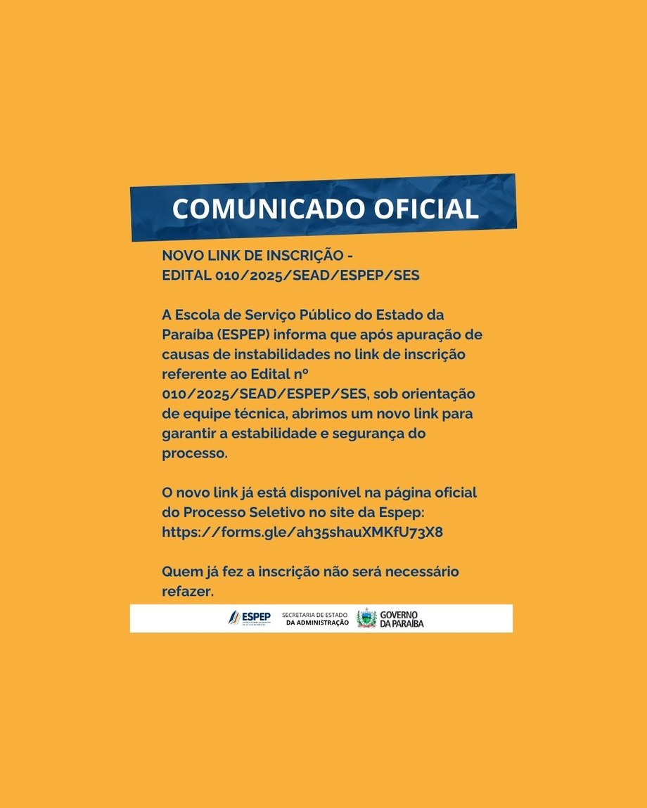 Link de inscrição para o edital 010/2025 já está disponível, após instabilidade técnica